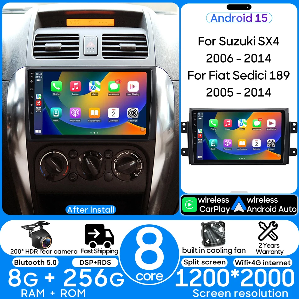 

Android 15 Car Radio Multimedia Video Player Navigation 2din Carplay Stereo Audio for Suzuki SX4 2006-2013 Fiat Sedici 2005-2014