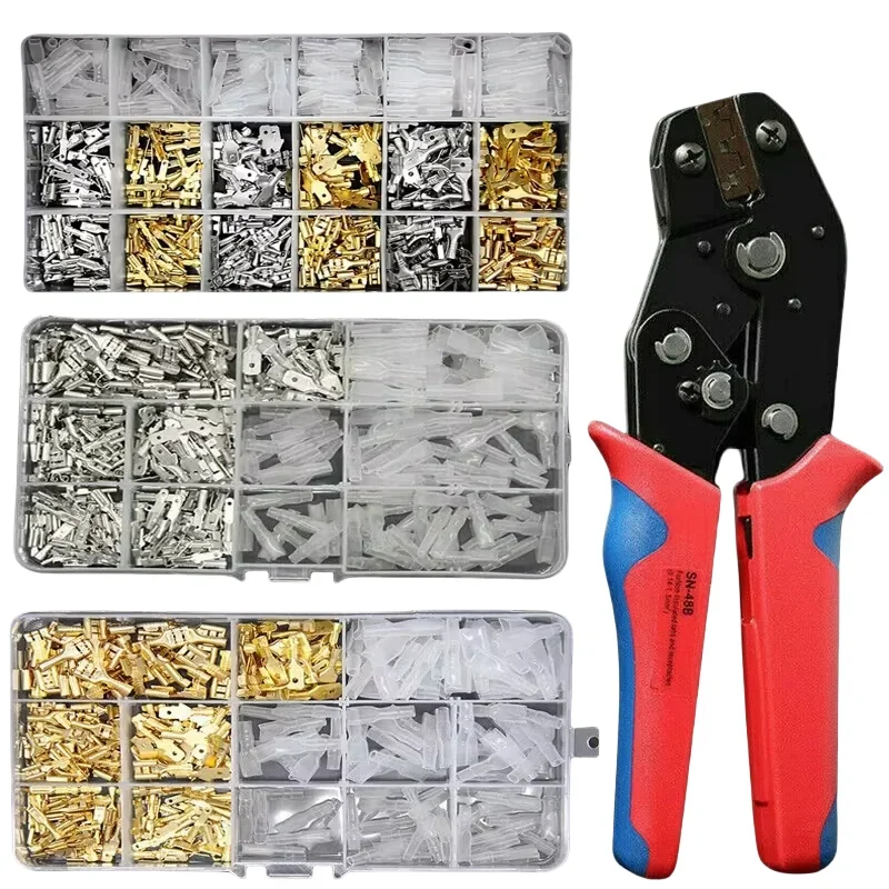 360pcs Crimp Terminal Wire Connector 2.8/4.8/6.3mm Female Male Gold Brass/Silver Car Spade Electrical Cable Terminals with Plier