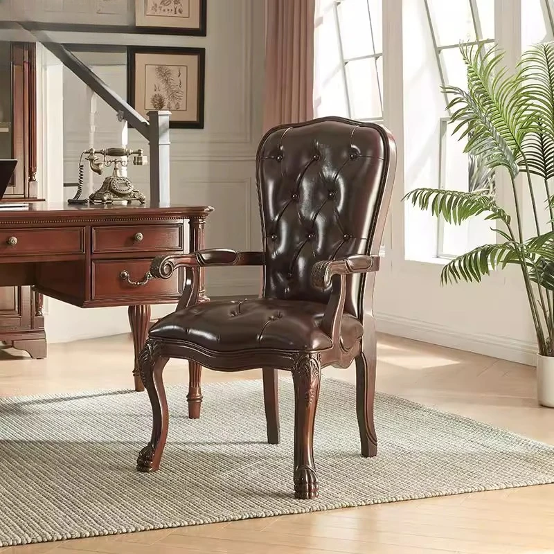 

American all-solid wood dining chair European restaurant dining chair retro study buckle leather book chair balcony soft bag
