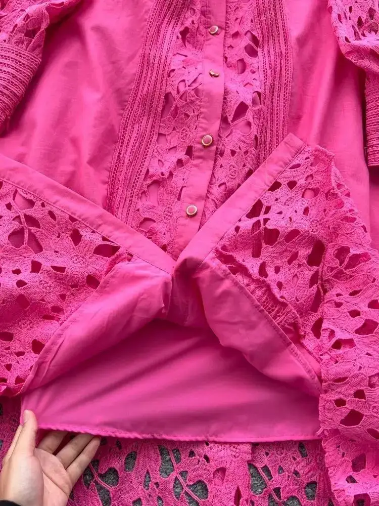 Women Lapel Single Breasted Cotton Linen Spliced Hollow Out Dresses French Elegant Solid Lace Embroidery Holiday Party Vestidos