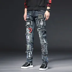 2023 primavera e autunno nuova tendenza della moda Jeans strappati con cuciture uomo Casual Slim comodi pantaloni traspiranti di alta qualità 28-36