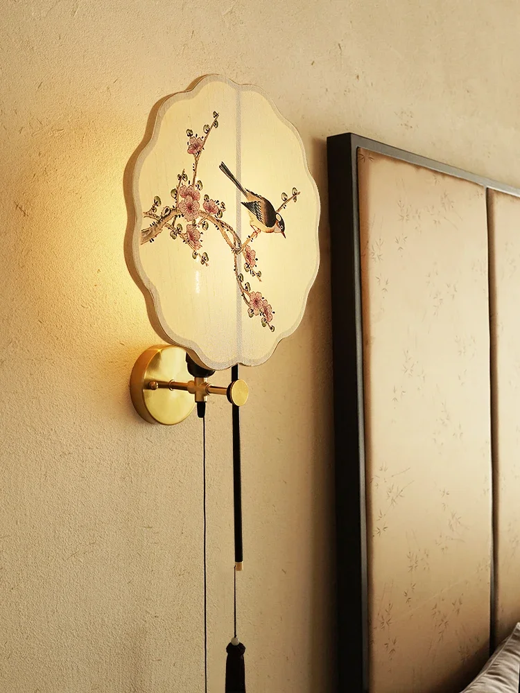 New Chinese style master bedroom headboard fan shaped atmosphere, medieval creative wall lamp without wiring