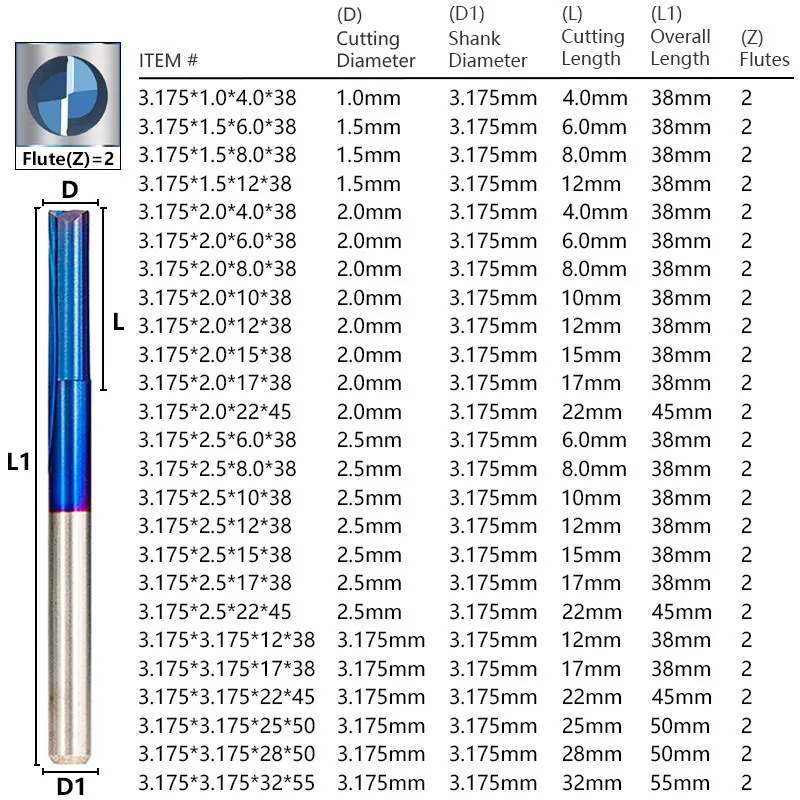 XCAN 10pcs Straight End Mill 1/8 inch Shank CNC Router Bit Nano Blue Coated Carbide Milling Cutter for Woodworking Tool