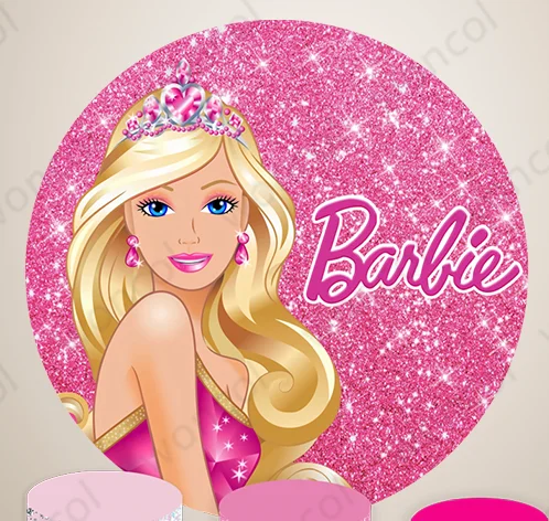 Barbie Pink Round Cover Girls Birthday Baby Shower Banner Princess Theme Round Backdrop Cylinder Cover Party Photo Studio Props