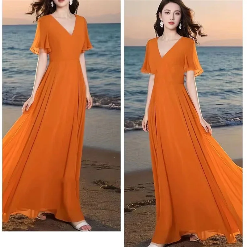 2025 Summer New Women's Solid Color V-Neck Elegant Slim Large Hem Mid Long Chiffon Dress Ladies Bohemian Beach Dresses Vestidos