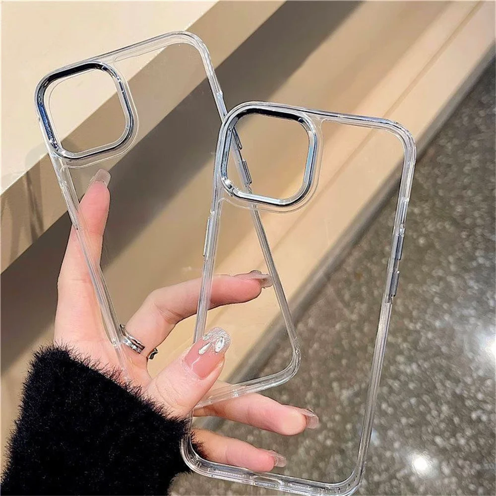 X XS MAX حافظة كروم حلقة الكاميرا وغطاء أزرار لهاتف آيفون 16 برو ماكس 14 بلس 11 12 13 واضح سليم مقاوم للصدمات الهاتف كابا كوكه #1