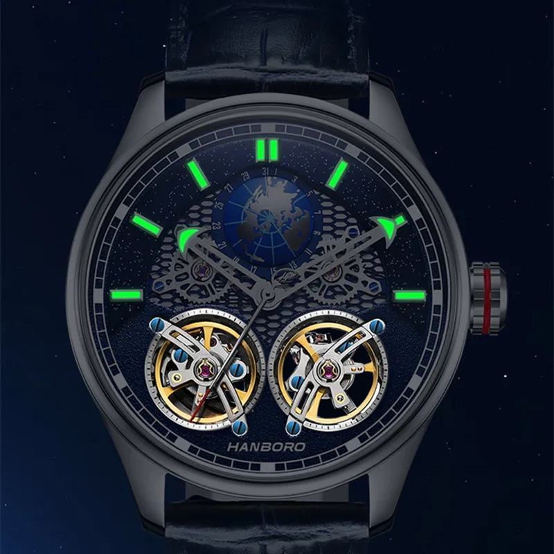 HANBORO Stainless Steel Automatic Watch Earth Best Mechanical Skeleton Watches Double Flywheel Watch For Men Silver Watch Mens