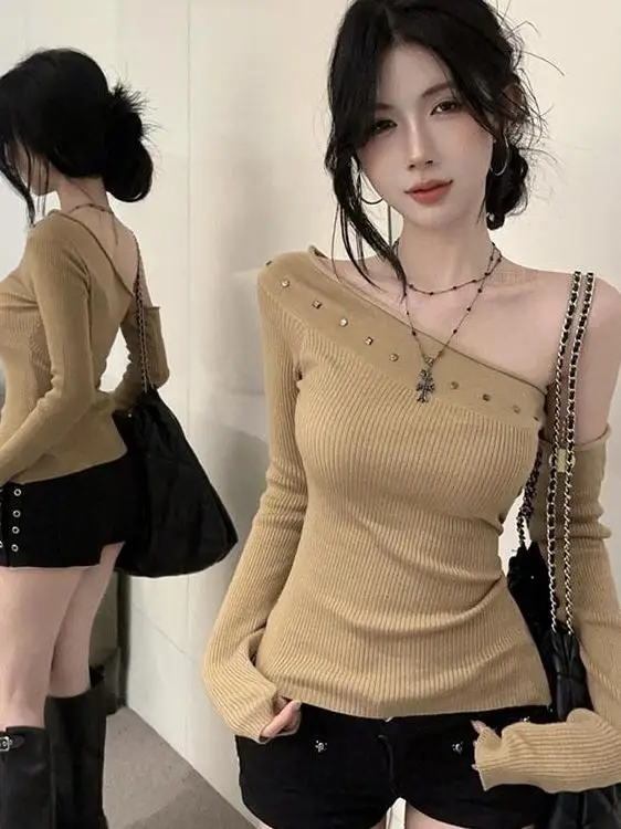 

Сексуальный ор вязаный свитер на одно плечо Sve Long Sve Inner Wear Base Layer Crossbody Slim Fit, осеннее новое поступление для женщин