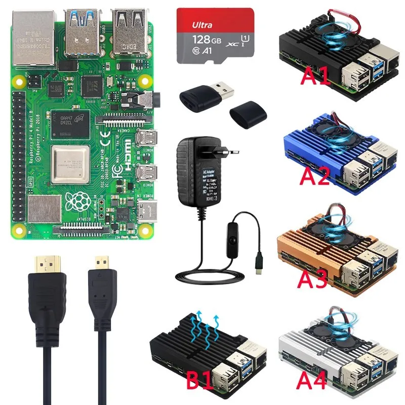 Oryginalny Raspberry Pi 4 Model B zestaw 1 2 4 8 GB RAM + aluminiowa obudowa + karta 32 64 128GB TF + zasilacz + radiator do Pi 4 B