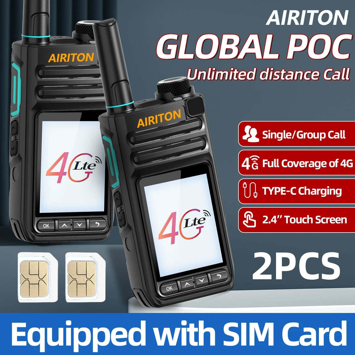 

2X AIRITON AI-3288 Walkie Talkie Global POC Network Radio 4G Unlimited distance 2.4”Touch Screen With US Sim Card for Hunting