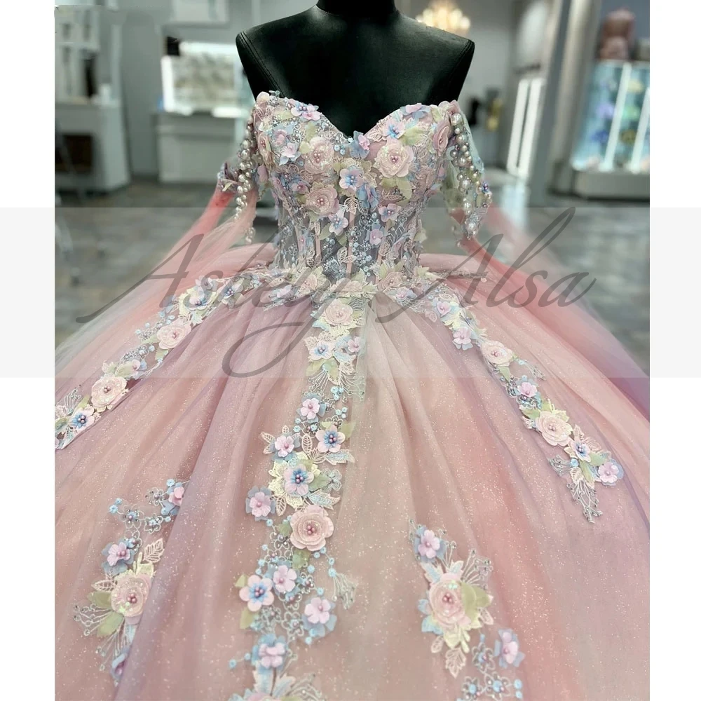 Real Pictire-vestido De baile rosa para mujer, ropa De baile, hombros descubiertos, apliques De perlas, falda hinchada grande, 15 Quinceañera 16