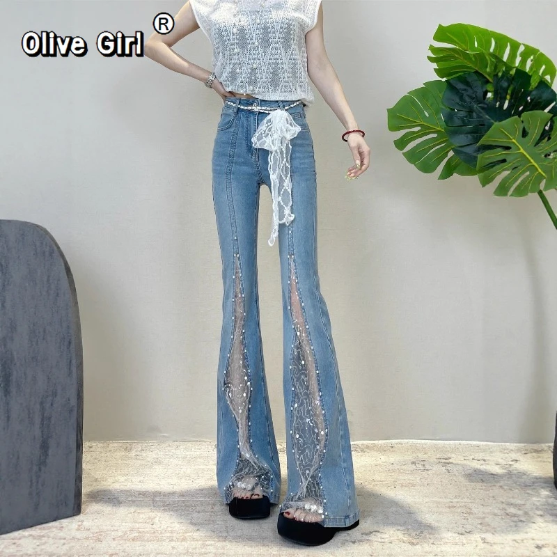 Olivegirl Denim jean bleu dentelle Patchwork Micro jean évasé femmes pantalon été strass mince taille haute pantalon évasé
