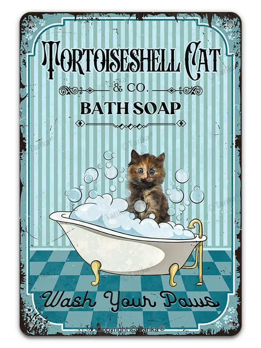 Tortoiseshell Cat & Co. Bath Soap Wash Your Paws Vintage Metal Tin Sign Funny Lovely Kitten Pet Art Printing Poster Bathroom