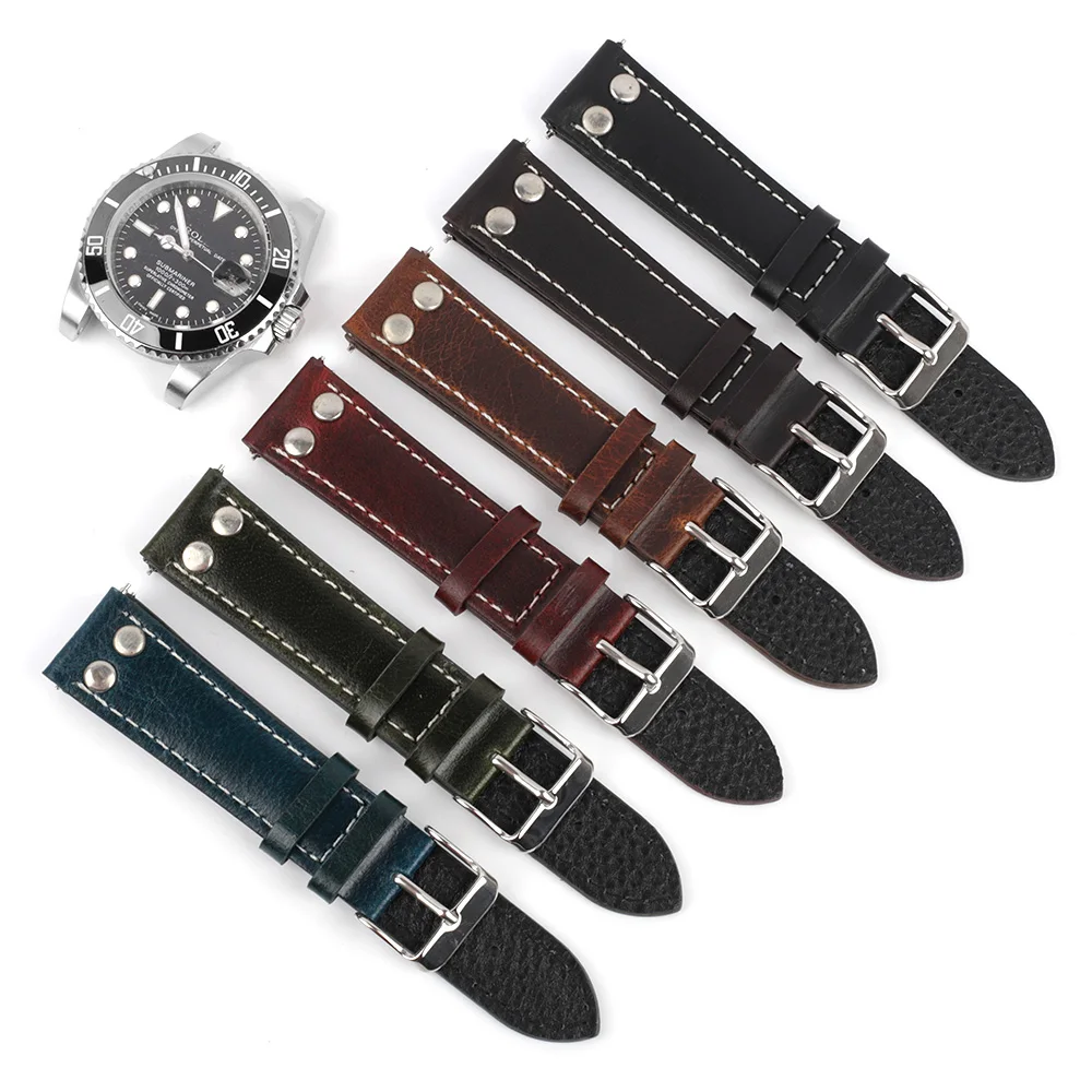Vintage Discoloration Oil Wax Genuine Leather Watchband 18mm 20mm 22mm 24mm Rivet Bracelet Quick Release Watch Strap for Men