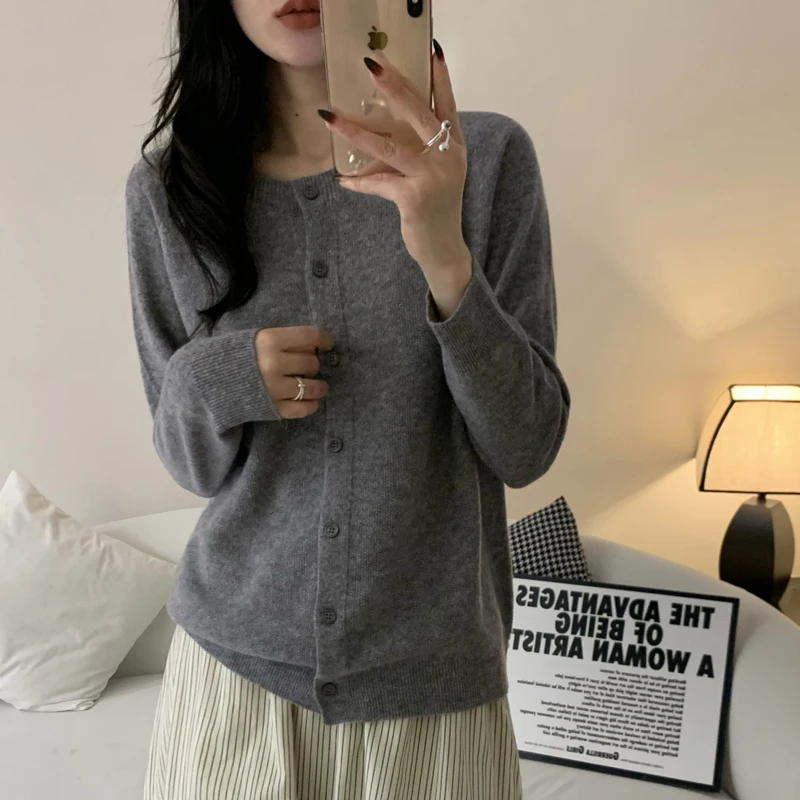 

Женский шерстяной вязаный кардиган Ele Pure Color на одной пуговице, простой, с круглым вырезом, стандартной длины, для ношения под одеждой