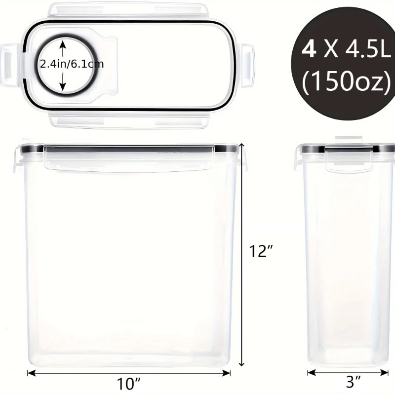 4 Pack Airtight Cereal Dry Food Storage Containers Kitchen Pantry for Flour Sugar Rice Nuts Snacks 4L