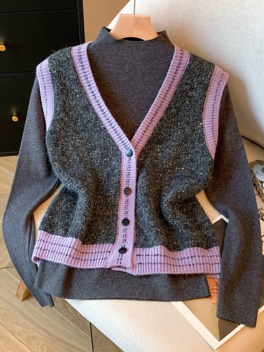 

Ele Knitted Vest Women's Autumn Winter V-ne Purple iny Sequin Top Heavy Work Layering Faion Korean Sle Slim Fit