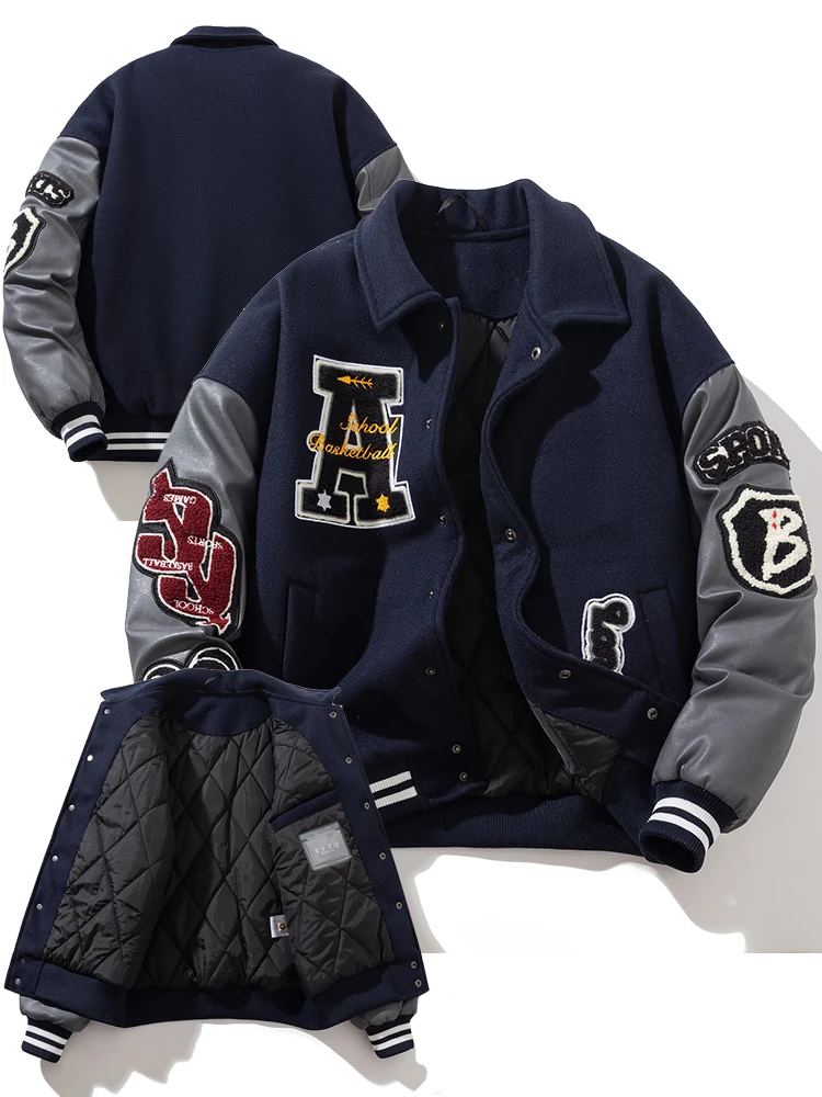 

Утепленная осенне-зимняя мужская куртка из хлопка с вставками из искусственной кожи, в стиле бейсбольной куртки, с вышивкой, на молнии, из полиэстера