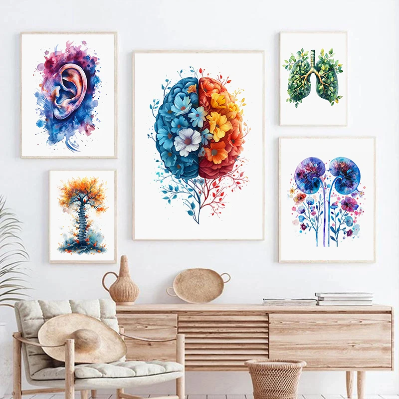 Anatomy Of Human Organs Posters Flower Lungs Watercolor Neurology Psychologist Canvas Painting Wall Picture Medical Office Decor