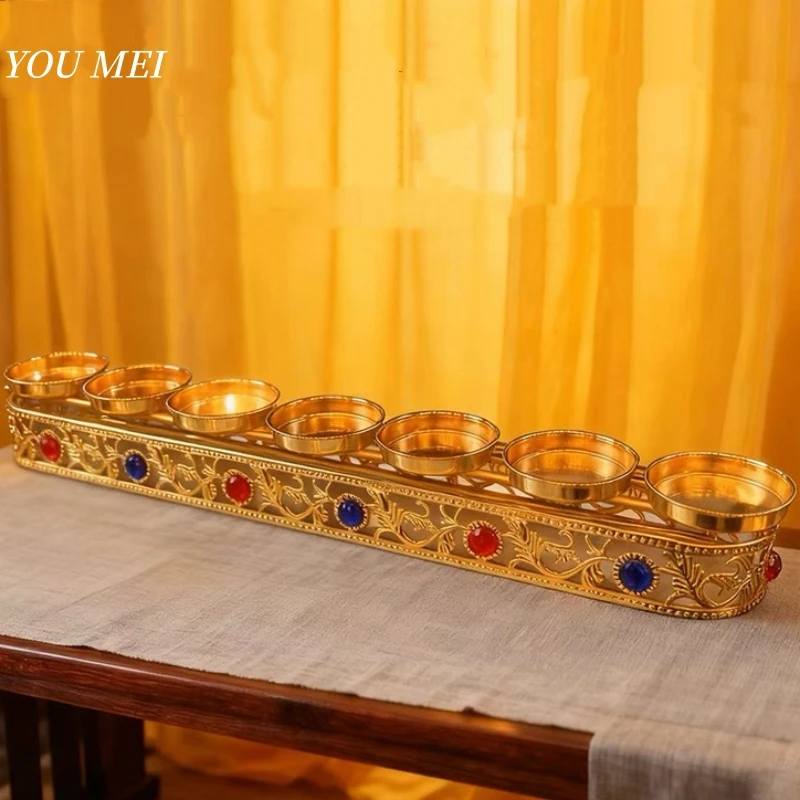 Tibetan-Style Butter Lamp Holder Alloy with Inlaid Gem Inlay Buddhist Altars Lamp Single-Row Seven-Star Lamp Holder Candle Stand
