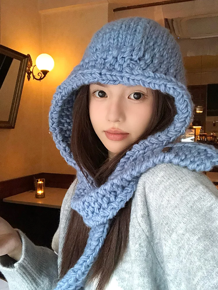 Blue Knitted Beanie Hat Women's Autumn Winter Warm Large Circumference Woolen Scarf Integrated Lei Feng Cap Casual Style roun...