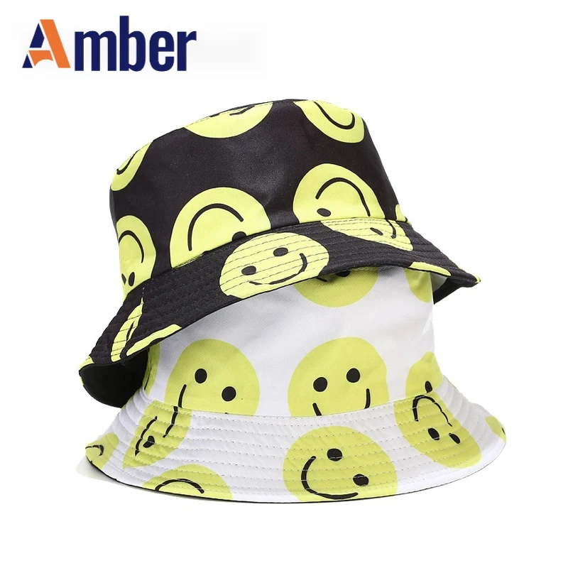 

Amber Smile Face Bucket Hat Panama Fisherman Hats Reversible Foldable Polyester Unisex Black White Summer Beach Sun Hip Hop Cap