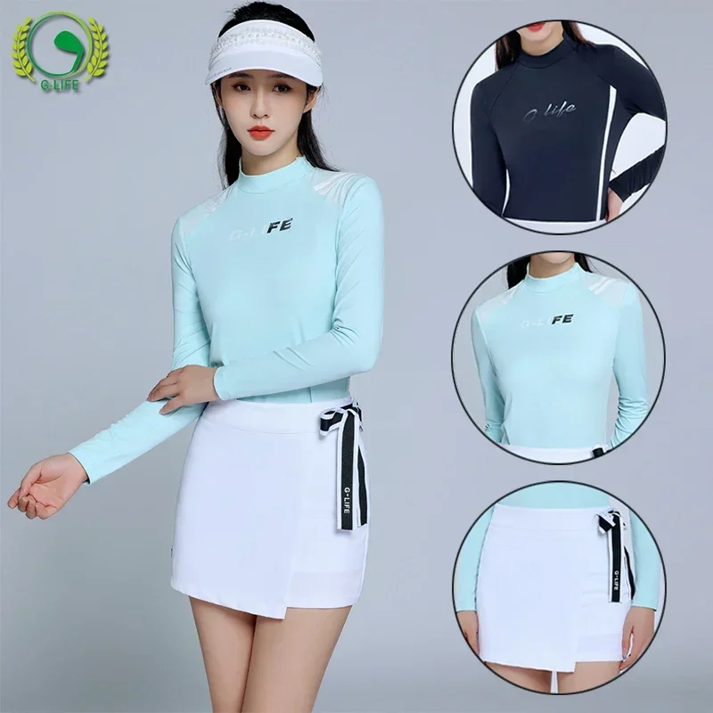 

G-life Ladies Round Collar Golf Shirt Letter Print Long Sleeve T-shirt Women Bow Slim Golf Short Skirt Mid-waist Pencil Skort