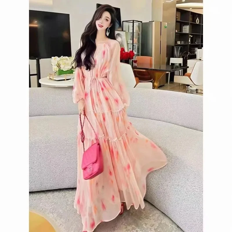 فستان شيفون فرنسي مُزين بنقشة الزهور لربيع وصيف 2026 للنساء اللطيفات والتخسيس، فستان طويل أنيق للإجازات w1619 #3