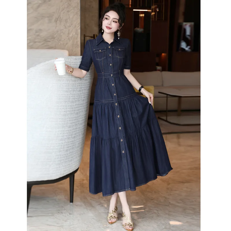 Vestido Jeans Feminino TIYIHAILEY 100% Algodão Longo até a Panturrilha com Botões, Gola Dobrável e Manga Curta para o Verão, Tamanhos M-4XL 2026