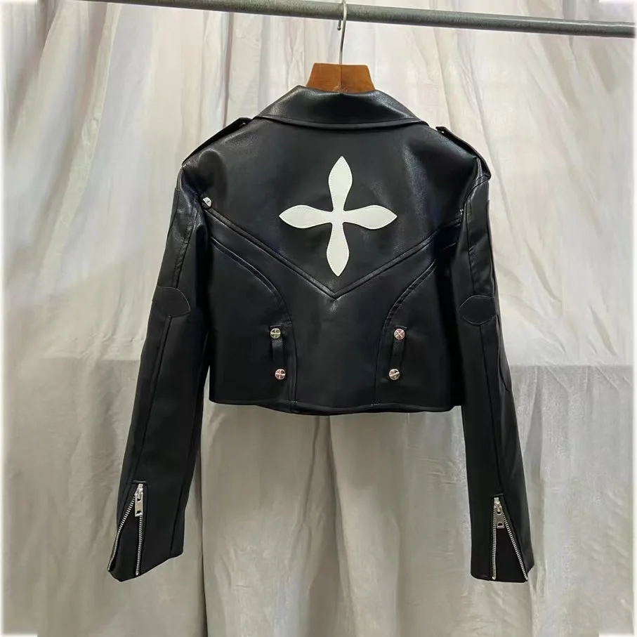 Fashion Cool Women Leather Jacket Cross Printed Bomber Jacket Streetwear Moto PU Outerwear Spring Short Leather Coat