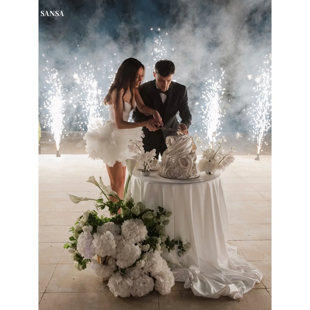 

Sansa Customized White Strapless Backless Ball Gown Prom Dresses Mesh Fabric فساتين للمناسبات الخاصة Skirt vestidos de festa