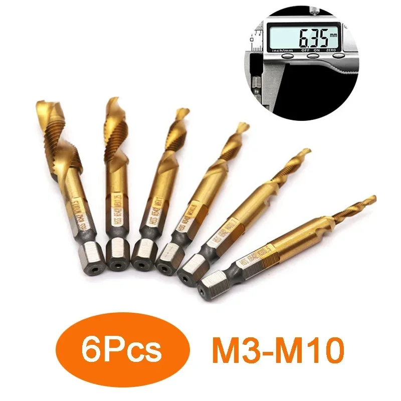 6pcs Hex Shank HSS Spiral Taps Drill Bit Machine Tap Compound Tap M3 M4 M5 M6 M8 M10 Screw Tap Thread Bit Machine Drilling Tool