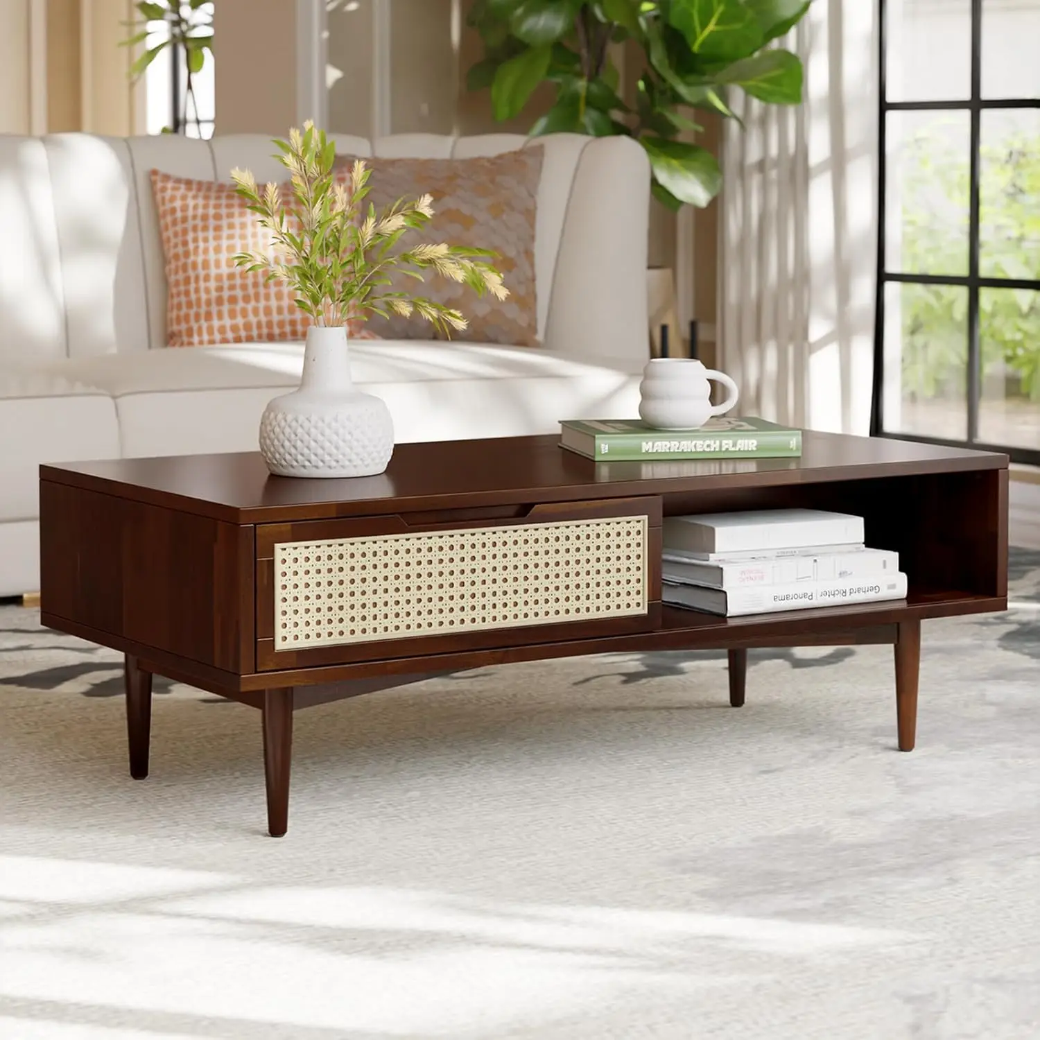 

Mid Century Coffee Table with Drawers and Open Storage – Solid Wood Accent Table with Rattan Detail, Customized