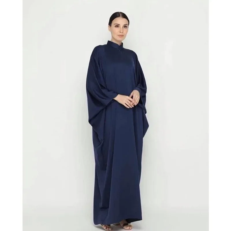 Woman Turkish Arabia Evening Dresses Solid Stand Collar Muslim Dress Bat Sleeve Middle East Dubai Abaya Loose Plus-size Robes