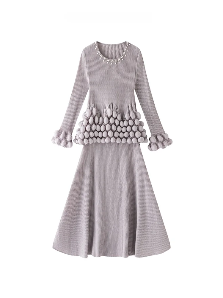 

2026 New Women's Bubble Pleated Dress Three-Resemblance Style Lightweight Luxury Unique Design Polyester Fiber Midi Dress