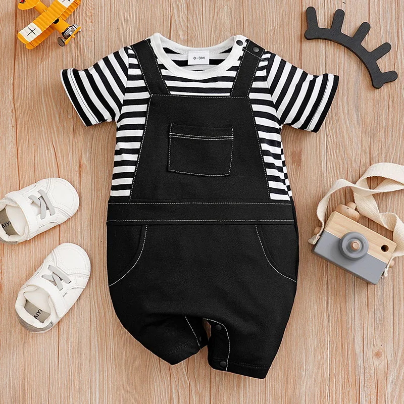 Summer Boys And Girls Cute Stripe Strap Casual Comfortable Short Sleeve Baby Bodysuit