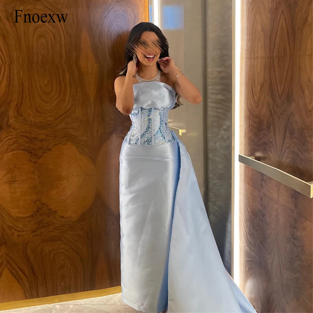 

Fnoexw Strapless Sky Blue Evening Dresses Woman's Mermaid Prom Dresses Appliques Formal Saudi Arabia Party Vestidos With Tail