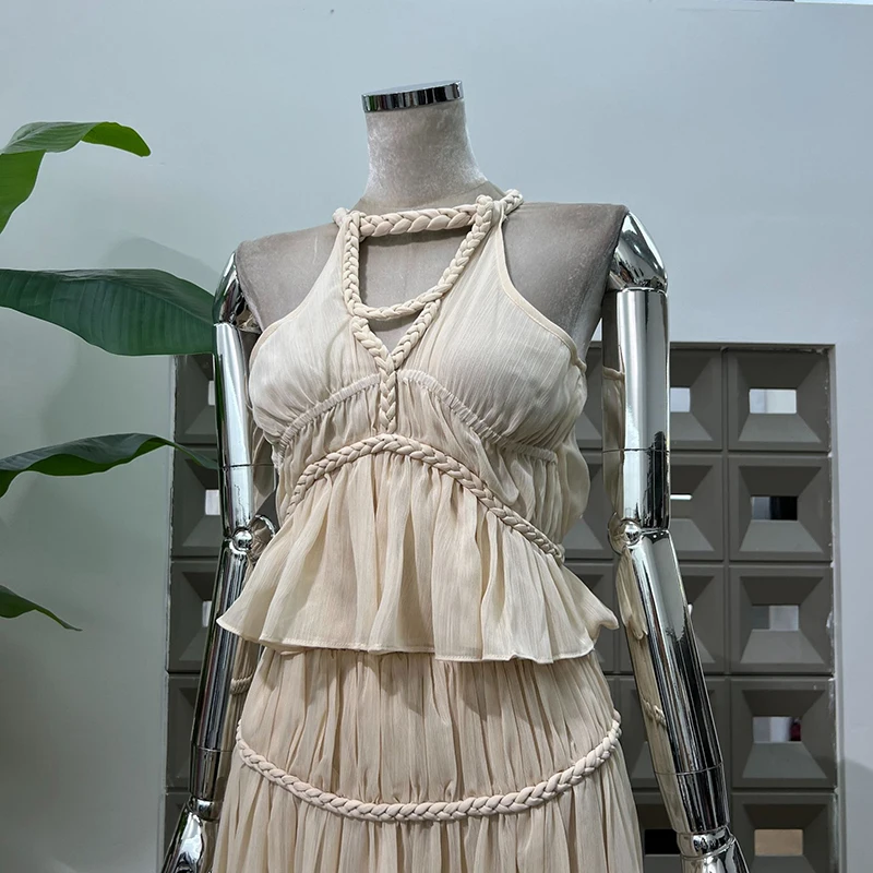 KBQ Spliced Folds Set for Women Round Neck Sleeveless Tunic Tops High Waist Spliced Folds Loose Long Pants Chic Set Female New