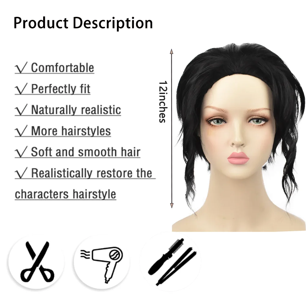 أنيمي Muzan Kibutsuji تأثيري الشعر الاصطناعية 12 بوصة أسود منتصف جزء قصير مجعد الشعر اليومي شعر مستعار للحفلات ارتفاع درجة الحرارة الحرير #2