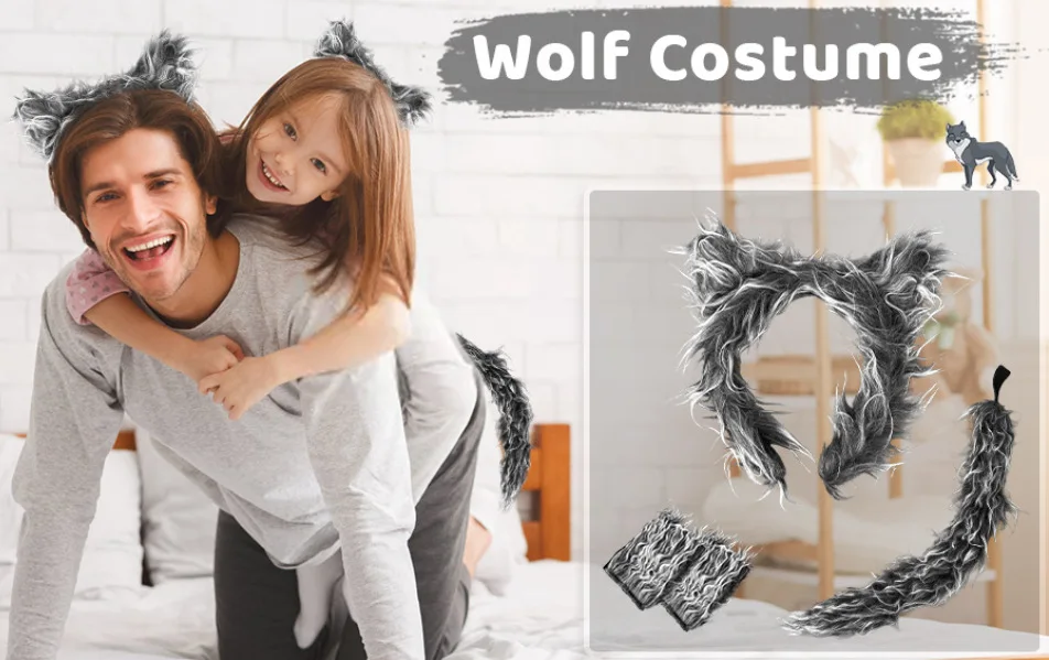 Wolf Ear Headband Tail Skirt Mask Suit Wolf Cosplay Costumes for Children Girls Ladies Birthday Gift Halloween Animal Dress Up