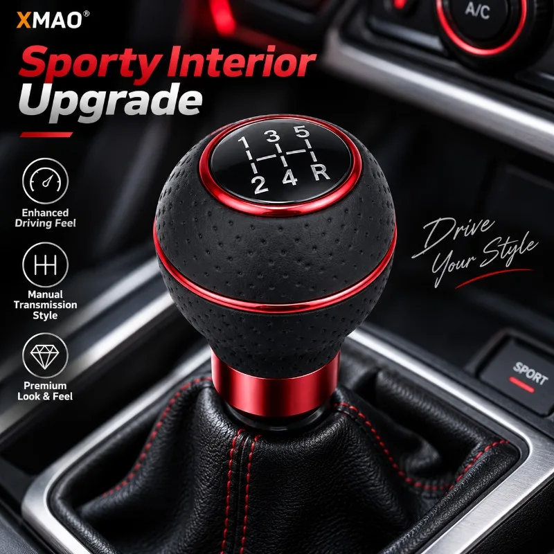 Universal Manual Car Gear Shift Knob 5 Speed Leather Shifter Lever Head with 8/10/11/12mm Adapters Red Blue Silver Options