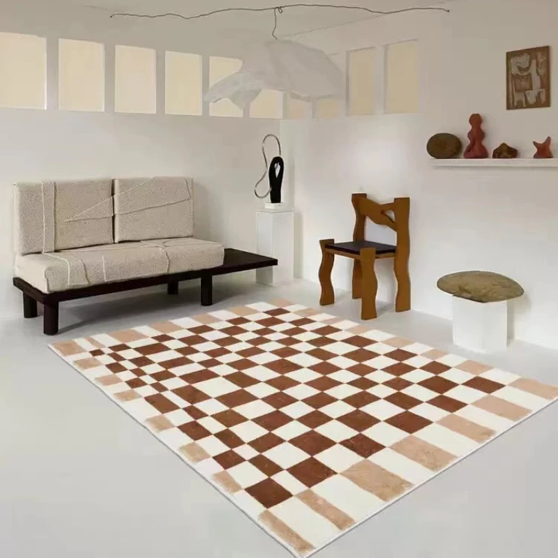 

Modern Minimalist Carpets for Living Room Checkerboard Bedroom Decor Retro Carpet Large Area Plush Floor Mat Home Thickened Rug