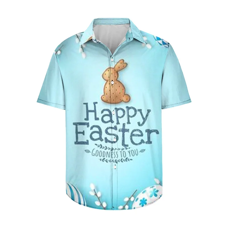 Happy Easter 2024 Hawaiian Shirts For Men Rabbit Egg Printed Button Down Shirts Summer Casual Holiday Beach Party Shirt Men Tops