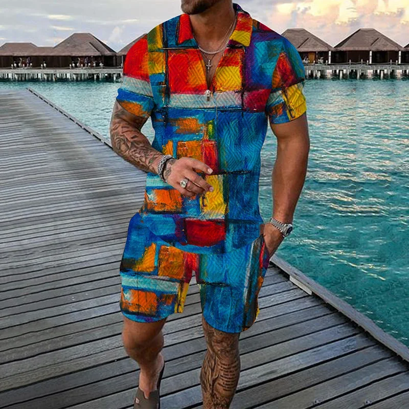 Men Tracksuit Set Summer 3D Printing Casual Zipper Polo Shirt Suit Shorts 2 Pcs Set Beach Holiday Style Clothing Y2k Clothes Men