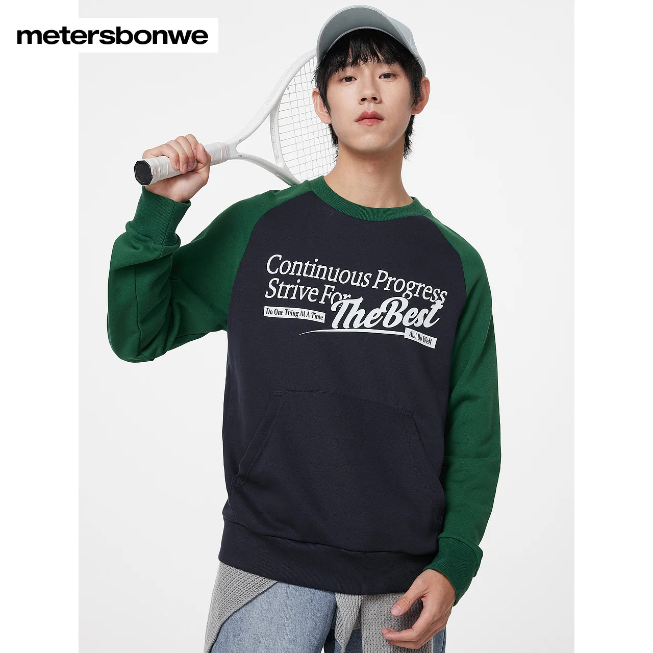 Metersbonwe-Men's Color Clash Raglan Sleeve Pullover Letter Print Crewneck Sweatshirt Campus Pretty Style Autumn Winter