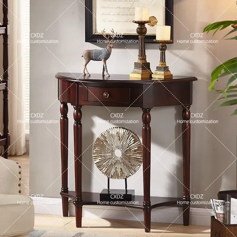 Premium Black Semicircular Entrance Table Retro Solid Wood Console for Corridor Aisle Wall Mounted Partition Decor