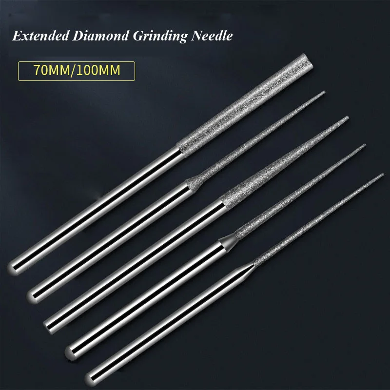 70/100mm Extended diamond grinding needle Conical/Cylindrical shape internal grinding rod Hard alloy grinding head D1.5~3.0mm