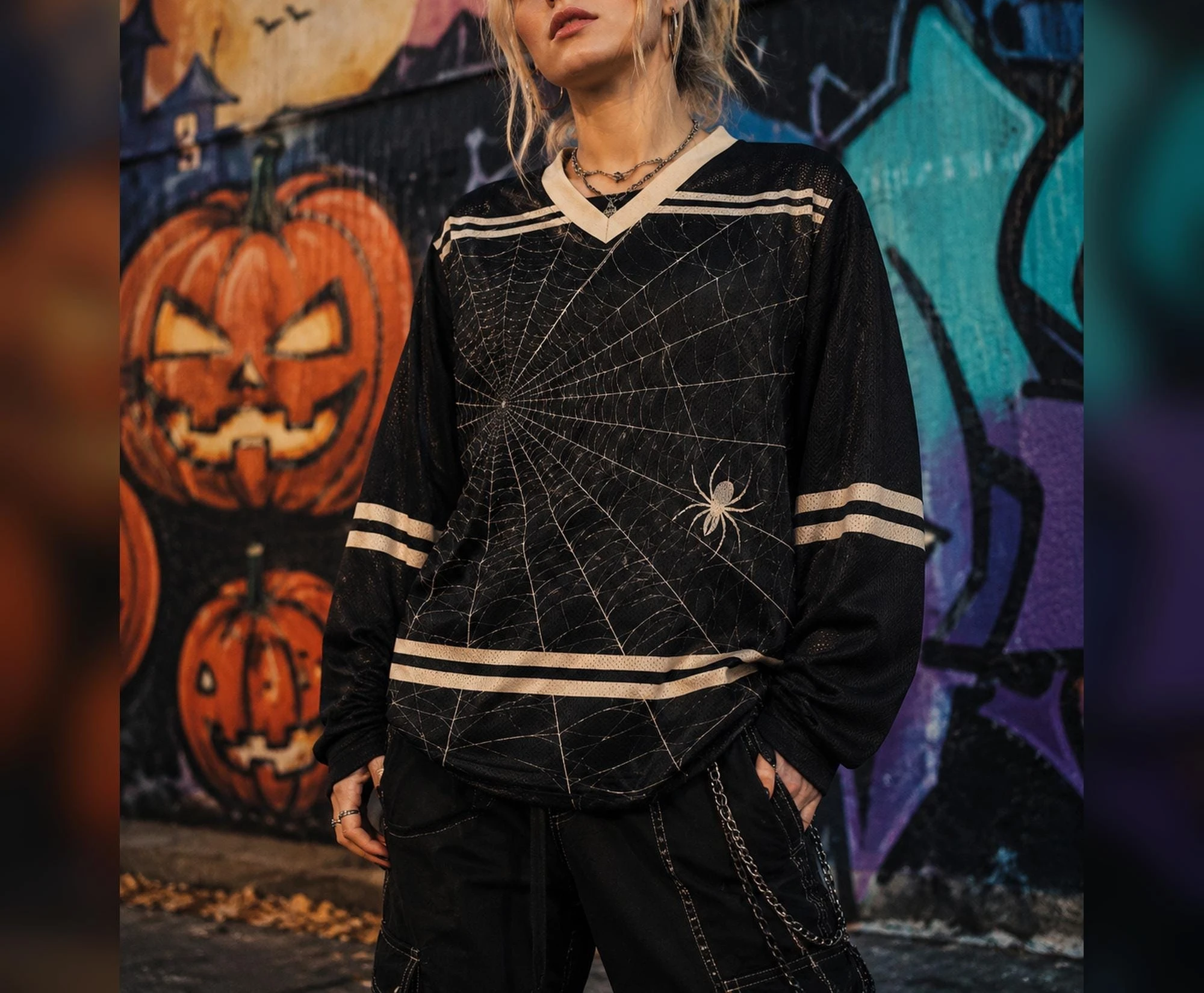 Simple Gothic Spider Web Graphic Hockey Jersey 3D Print V Neck Oversized Long Sleeve Halloween Streetwear Tops Family Matching