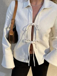 Front Tie-up White Women Coat 2024 Spring Y2k Turn-down Collar Flare Sleeve Hollow Out Cardigans Female Sexy Casual Street Top