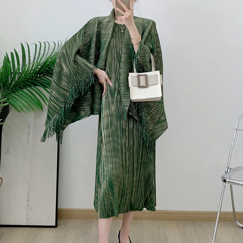 YUDX Stamped Dress Set Fringe Shawl Cardigan Vest Long Skirt Pleated Dress 2 Piece Set 2024 Fall New